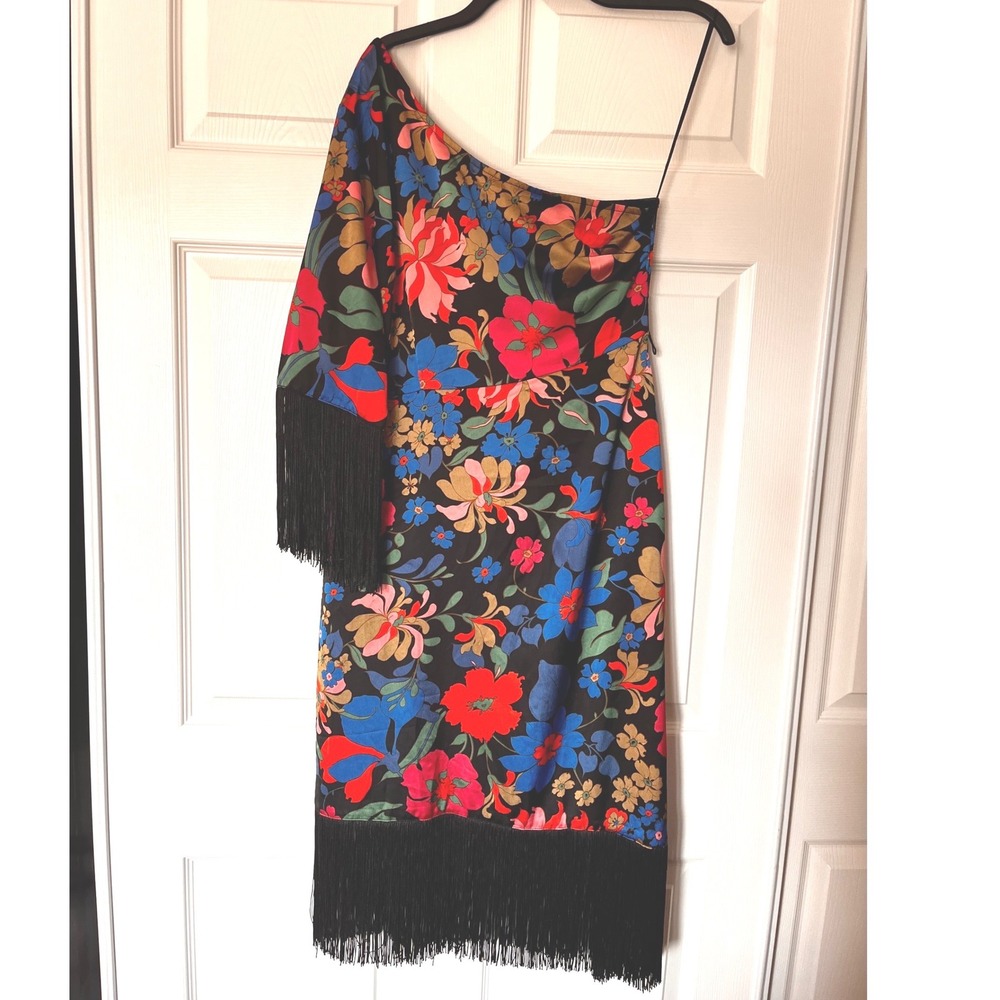 Fate Womens One Shoulder Floral Fringe Midi Dress Black Multi Size M Side Zip